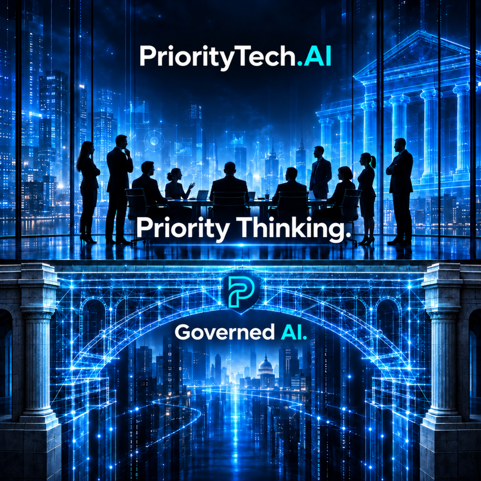 PriorityTech.AI visual connecting human-centered AI, business leadership, and the future of AI